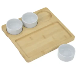Bamboo Serving Tray with Ceramic Bowls