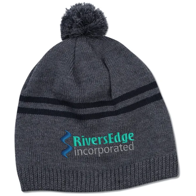 Double Stripe Pom Pom Beanie